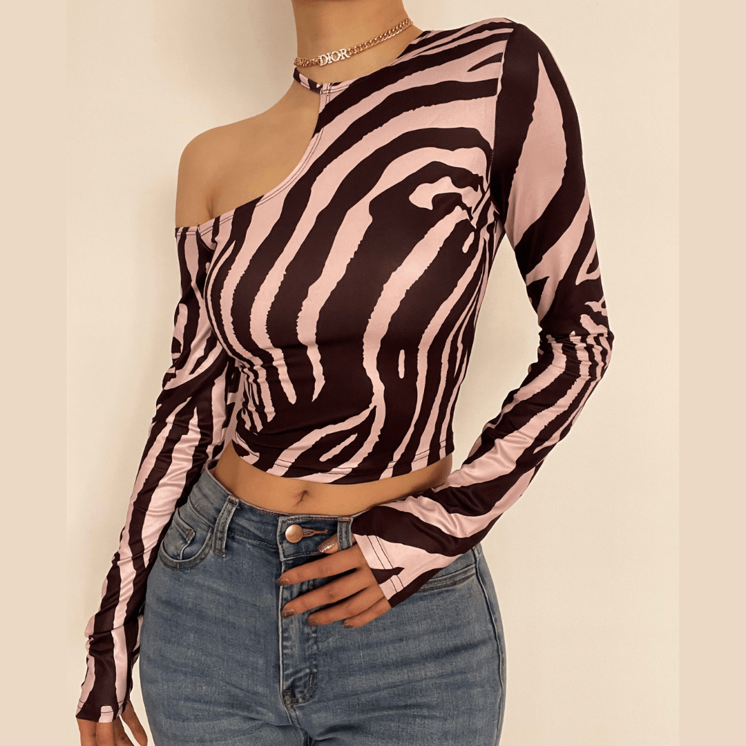 Long sleeve off shoulder zebra print crop top – image 1