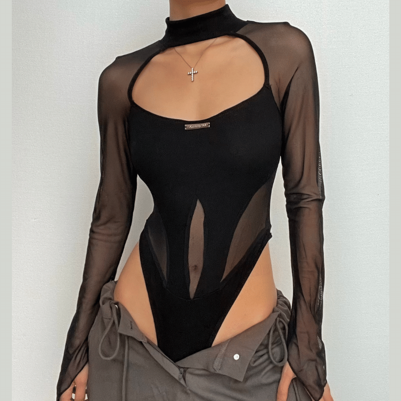Hollow out mesh patchwork long sleeve contrast bodysuit – image 1