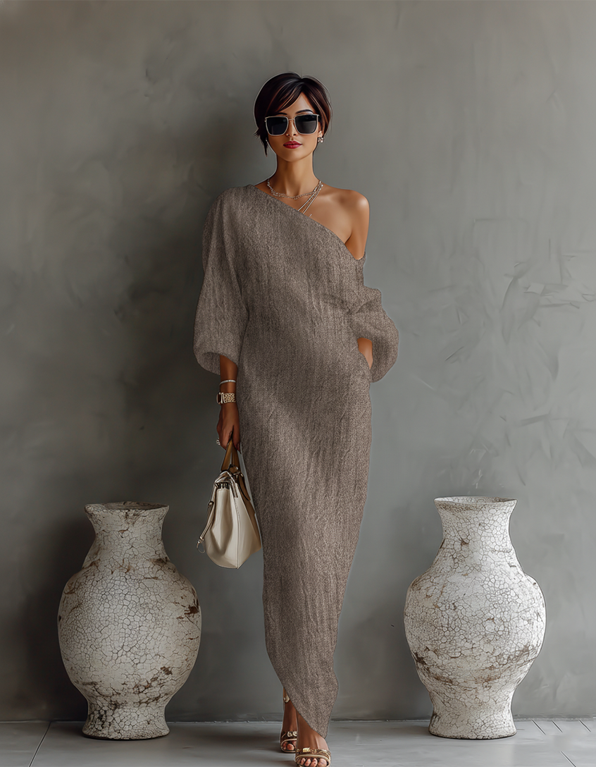 Elegant Flowing Cotton-Linen Dress in Ivory White with One-Shoulder Design – image 4