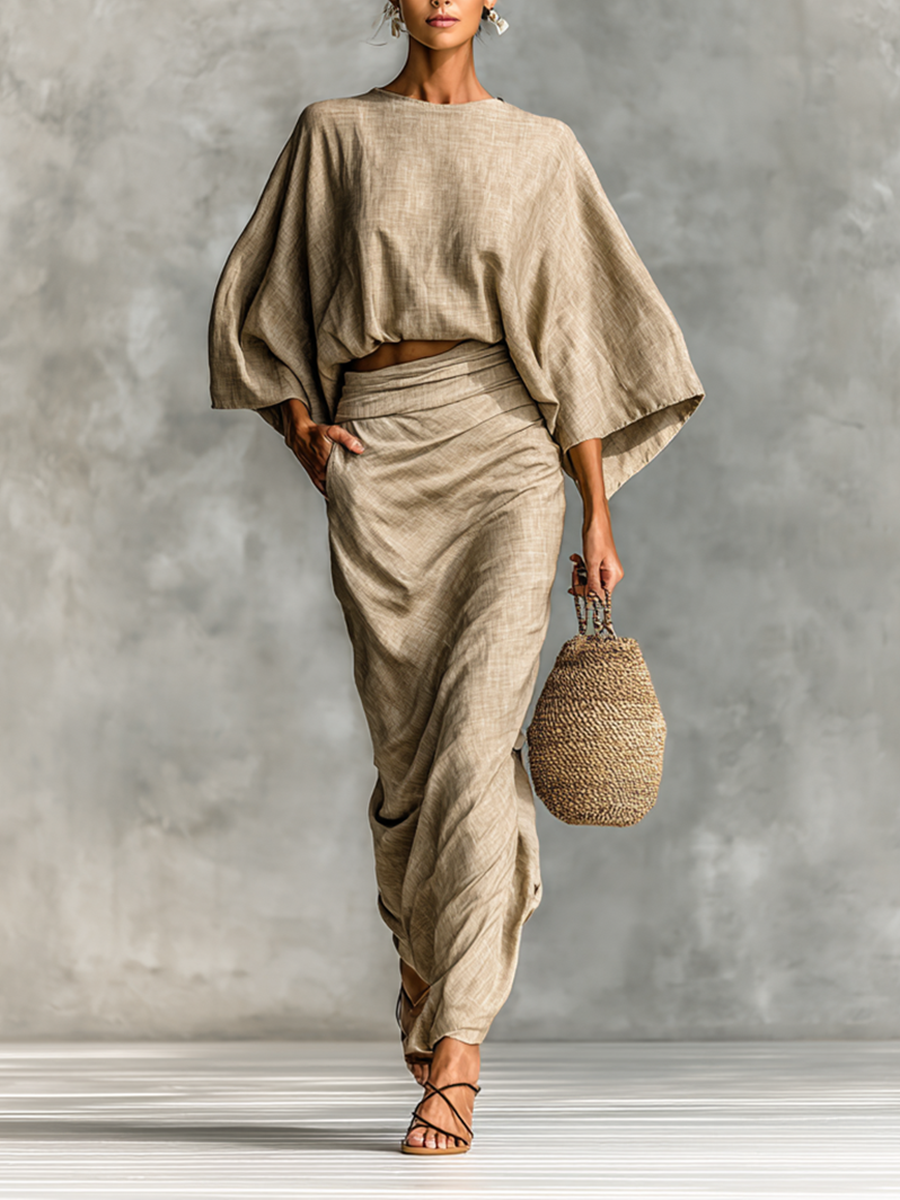 Two-Piece Cotton-Linen Blend Maxi Skirt Set with Batwing Sleeves – image 1
