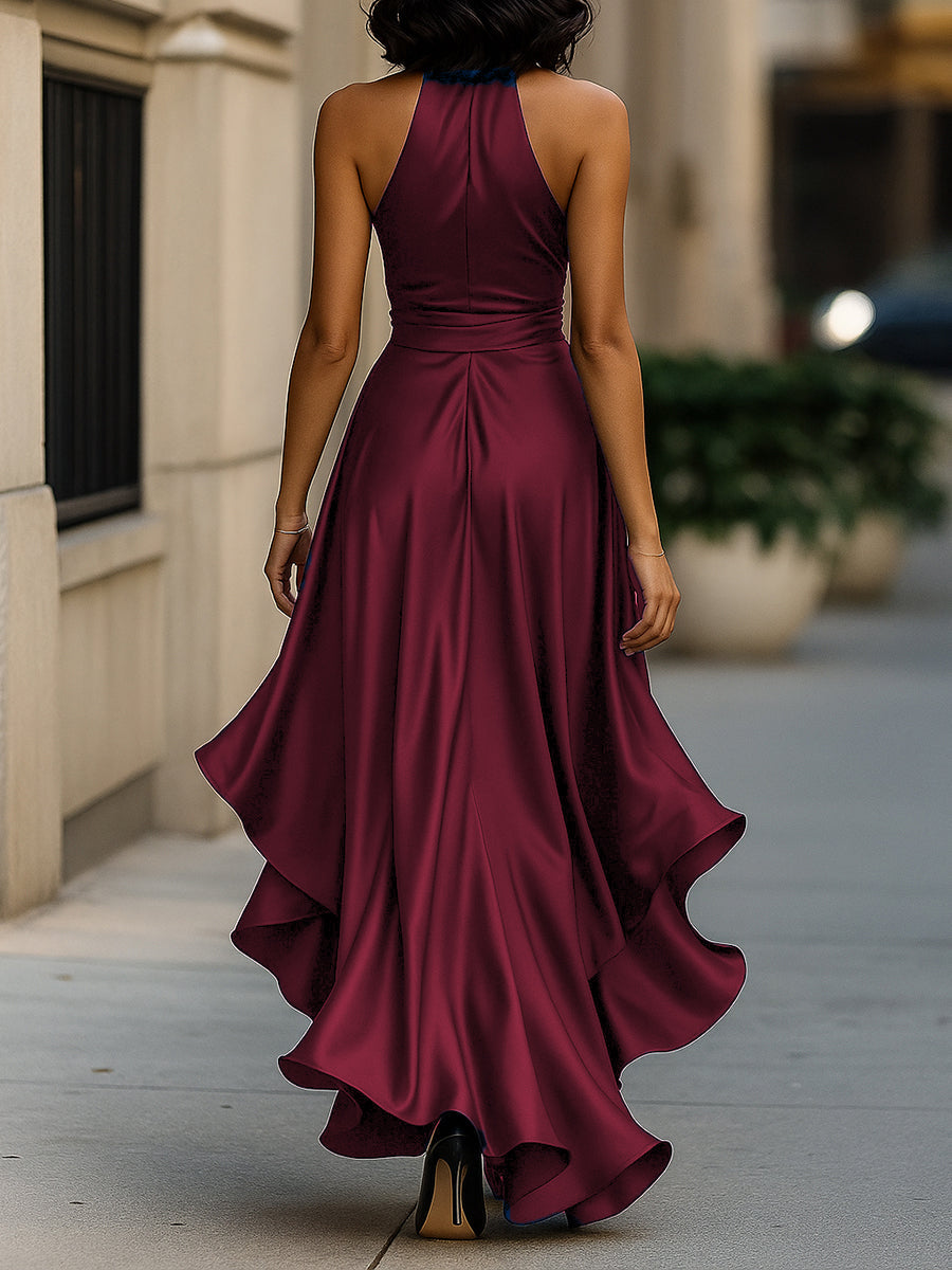 Midnight Elegance Satin Halter Ruffle Gown – image 8