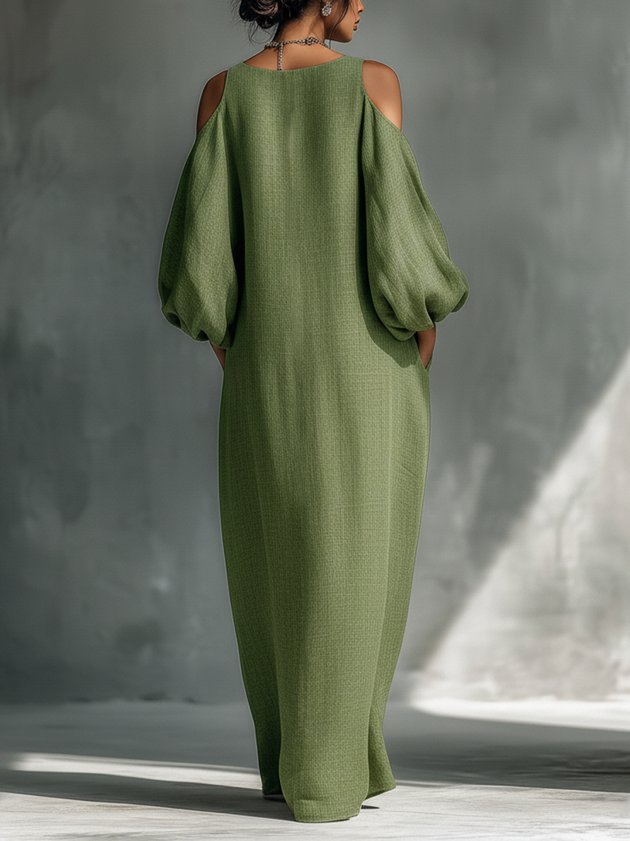 Veronica – Women’s light green off-shoulder maxi dress with oversized puff sleeves and side pockets – image 6
