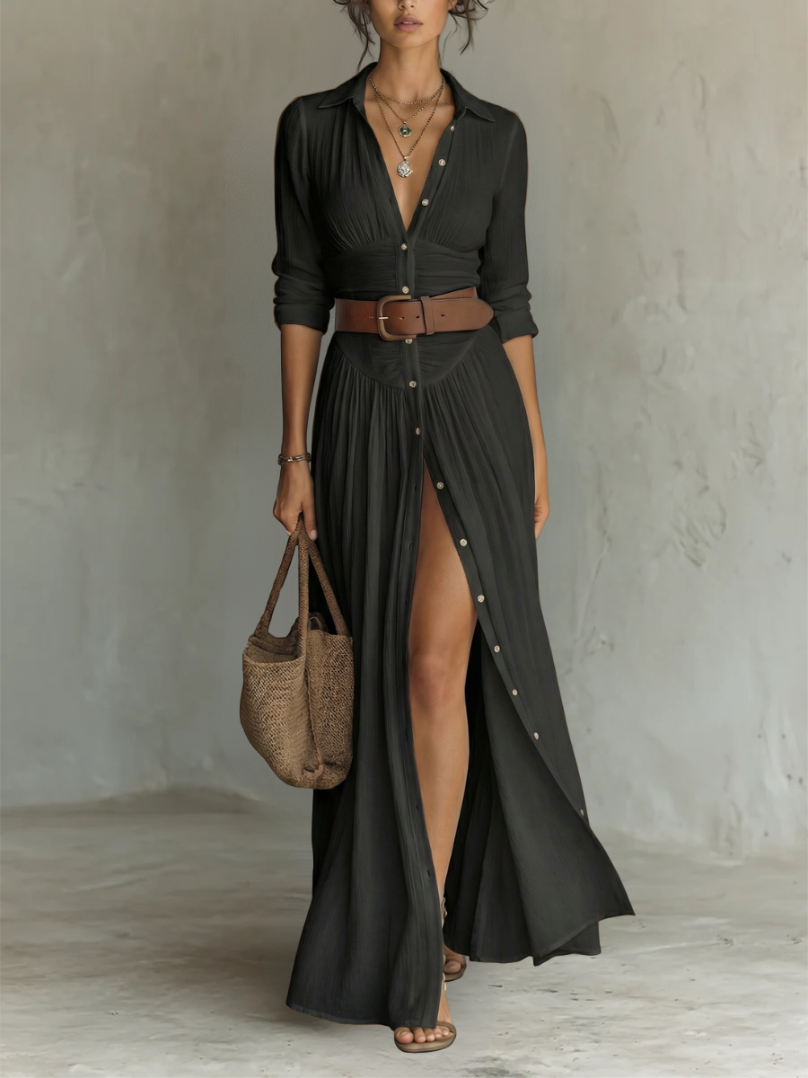 Long Maxi Dress with Notched Collar and Long Sleeves for Women – image 4