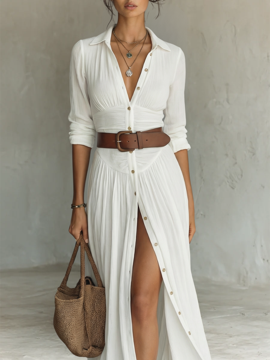 Long Maxi Dress with Notched Collar and Long Sleeves for Women – image 3