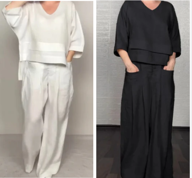 Liza – 2-piece cotton-linen set – V-neck top and wide-leg trousers – image 9