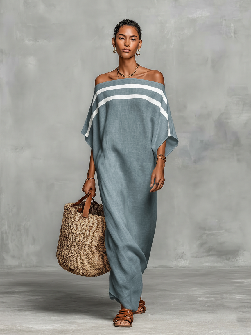 Women's Minimalist Linen Maxi Dress with Off-the-Shoulder Batwing Sleeves – image 4