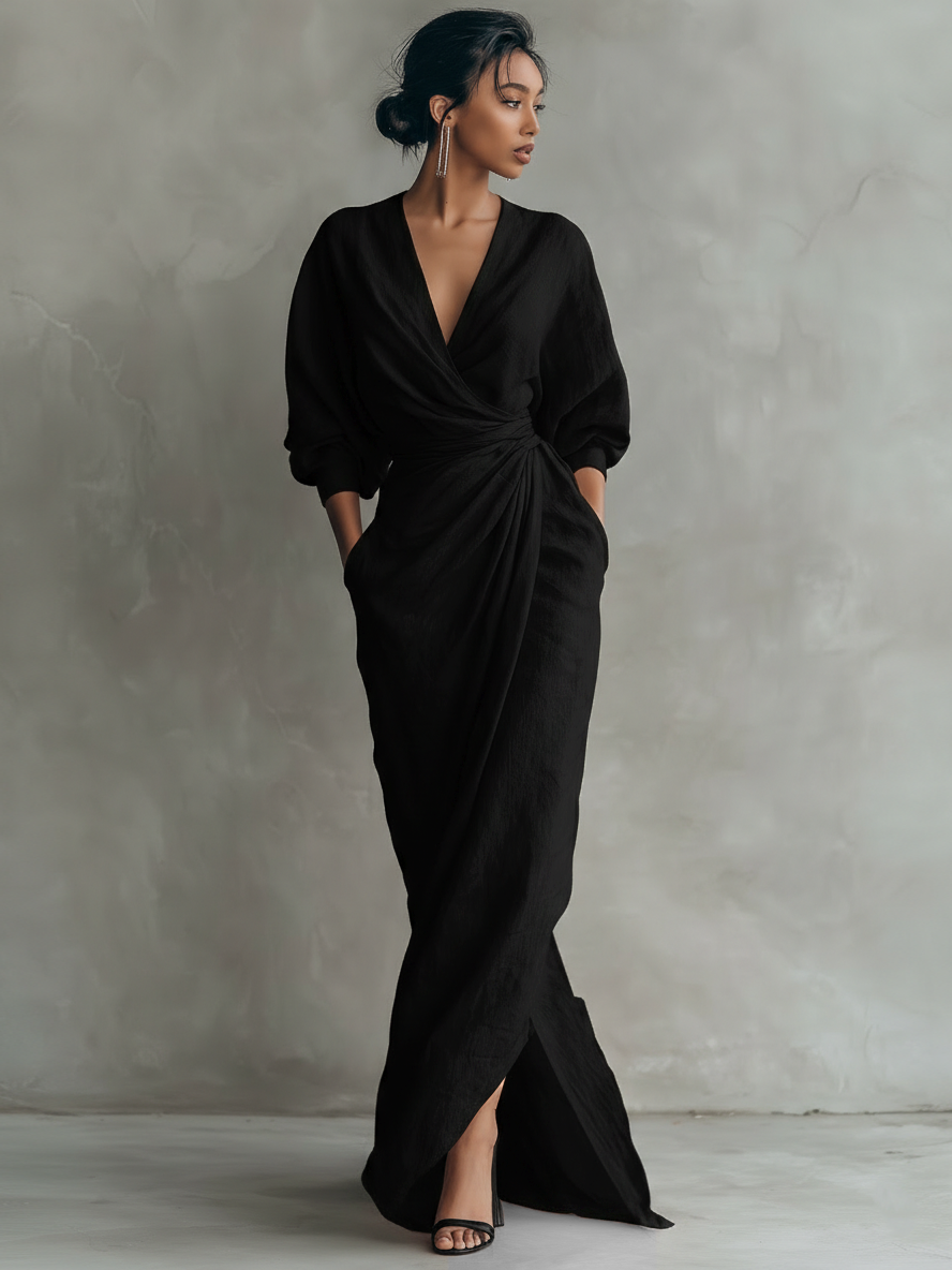 Women's Minimalist Maxi Dress in Pink with V-Neck, Linen Blend – image 4