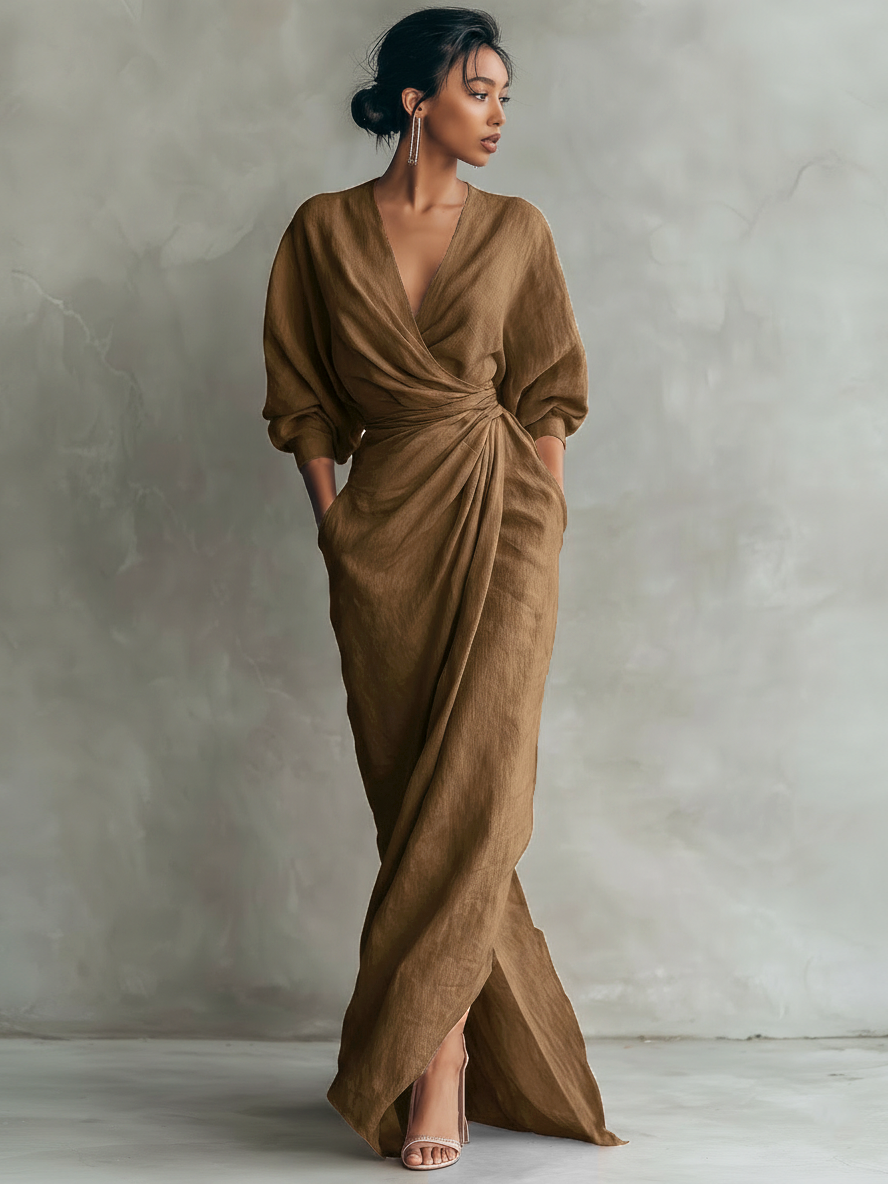 Women's Minimalist Maxi Dress in Pink with V-Neck, Linen Blend – image 3