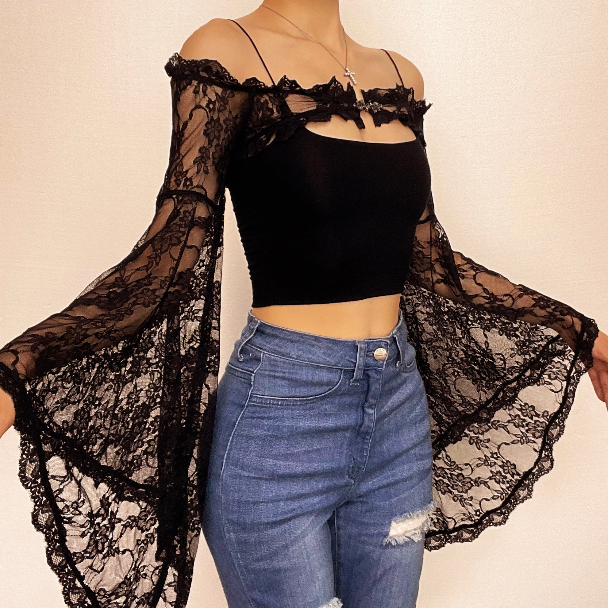 Lace off shoulder flared sleeve solid button shrug top – image 1