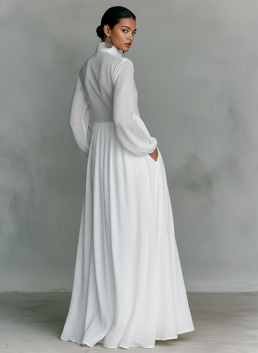 Maxi Minimalist Dress in Cotton & Linen with Patchwork, High Collar and Long Sleeves – image 7