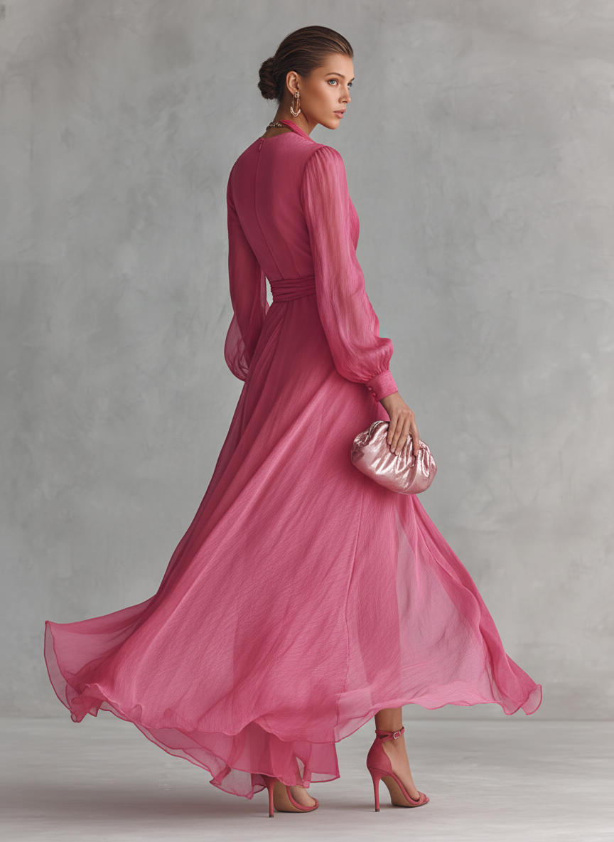 Elegant Pink Chiffon Maxi Dress with Pearls and V-Neck for Women – image 5