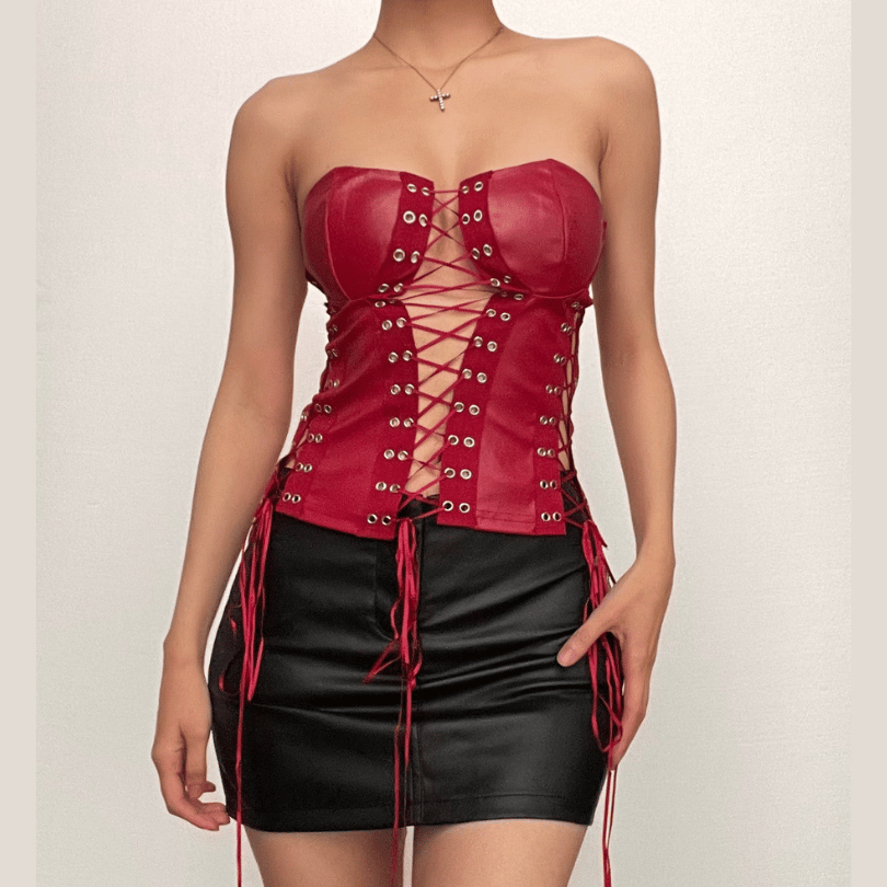 Lace up zip-up PU leather solid corset tube top – image 1