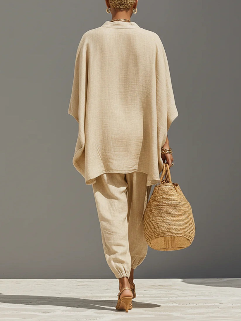 Arianna – Minimalist Top and Jogger Trousers with Asymmetrical Hem in Light Khaki – image 3
