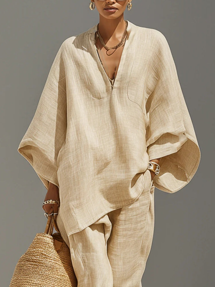 Arianna – Minimalist Top and Jogger Trousers with Asymmetrical Hem in Light Khaki – image 4
