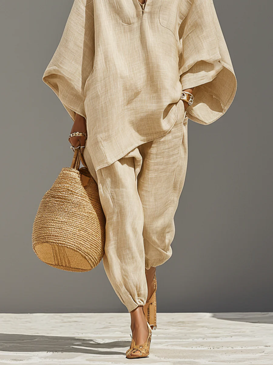 Arianna – Minimalist Top and Jogger Trousers with Asymmetrical Hem in Light Khaki – image 5