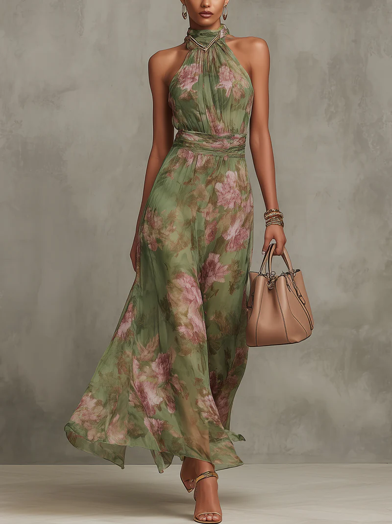 Serena ∙ Green Floral Chiffon Maxi Dress with Halter Neckline – image 1