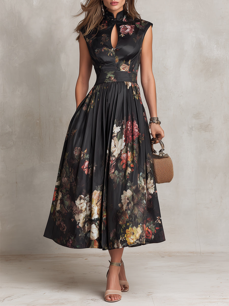 Violetta – Black pleated satin midi dress with floral pattern and keyhole neckline – image 1