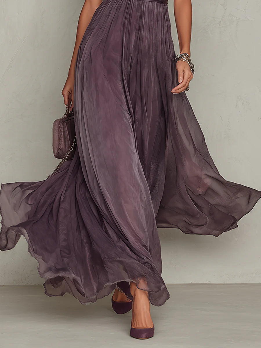 Flavia • Long Purple Dress with Keyhole Neckline & Chiffon Lace Trim – image 5