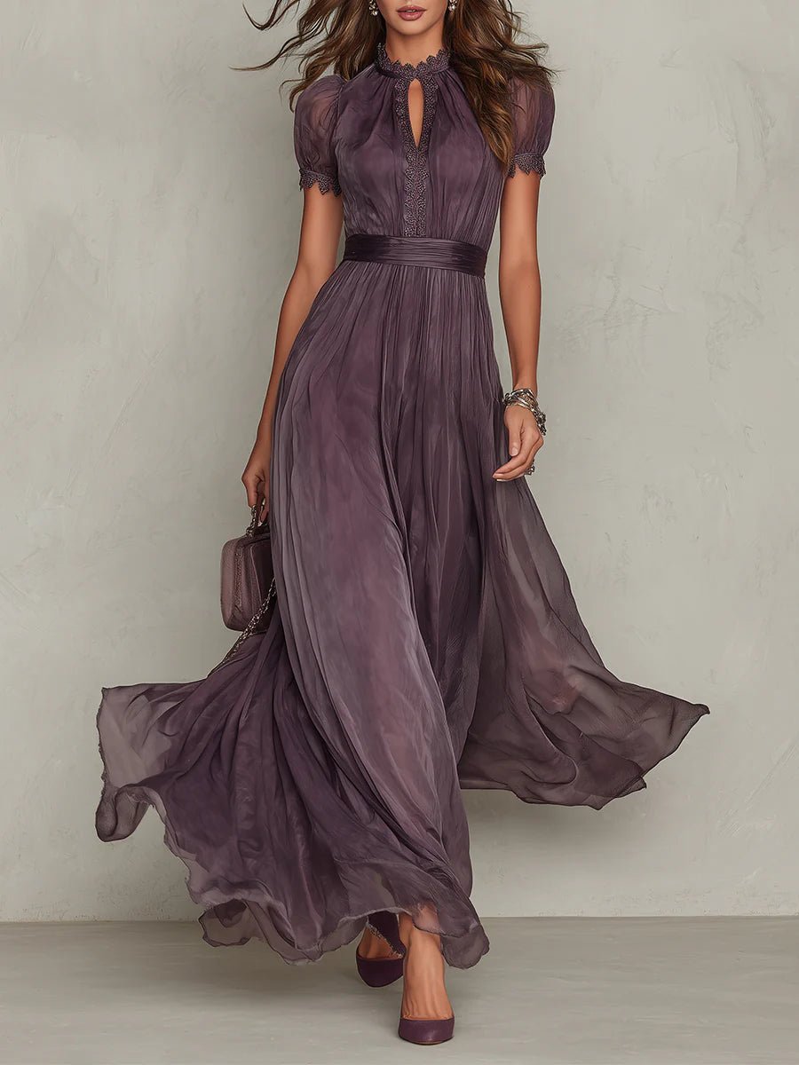 Flavia • Long Purple Dress with Keyhole Neckline & Chiffon Lace Trim – image 1