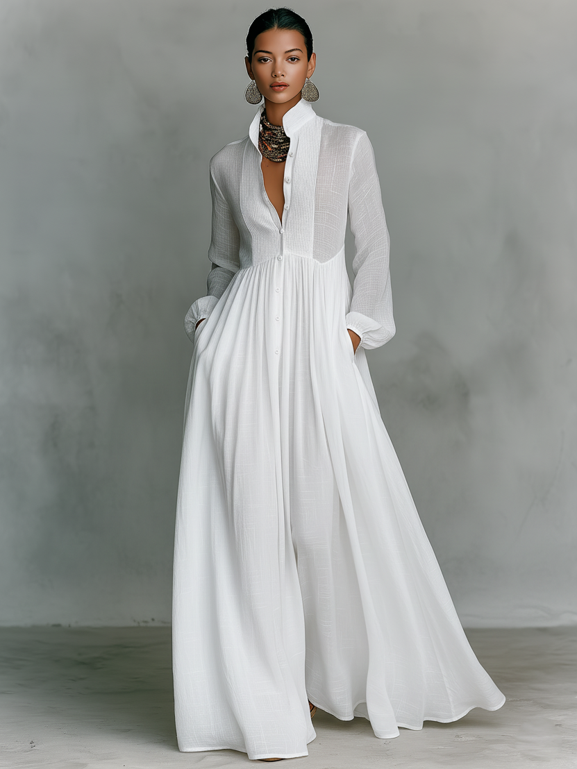 Maxi Minimalist Dress in Cotton & Linen with Patchwork, High Collar and Long Sleeves – image 4