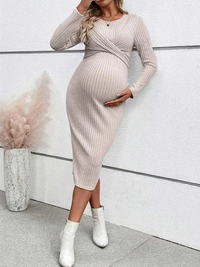 Ribbed Maternity Dress with Tie Details – image 1