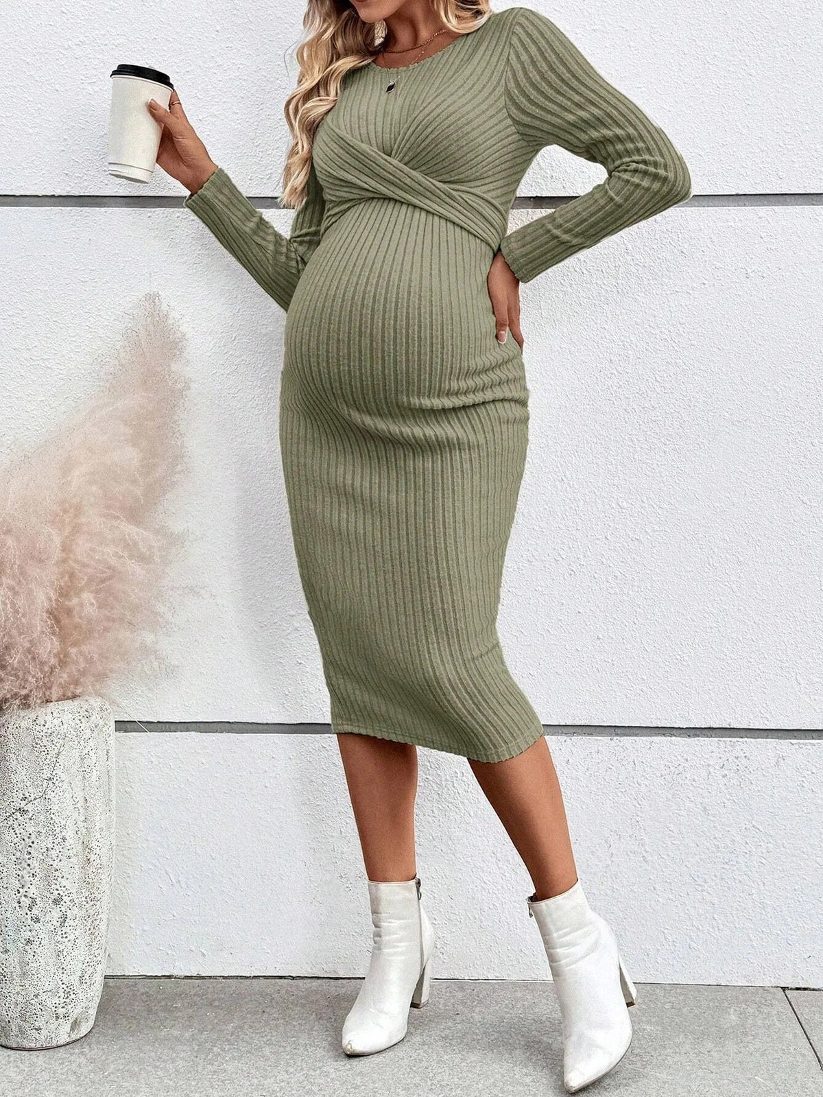Ribbed Maternity Dress with Tie Details – image 14