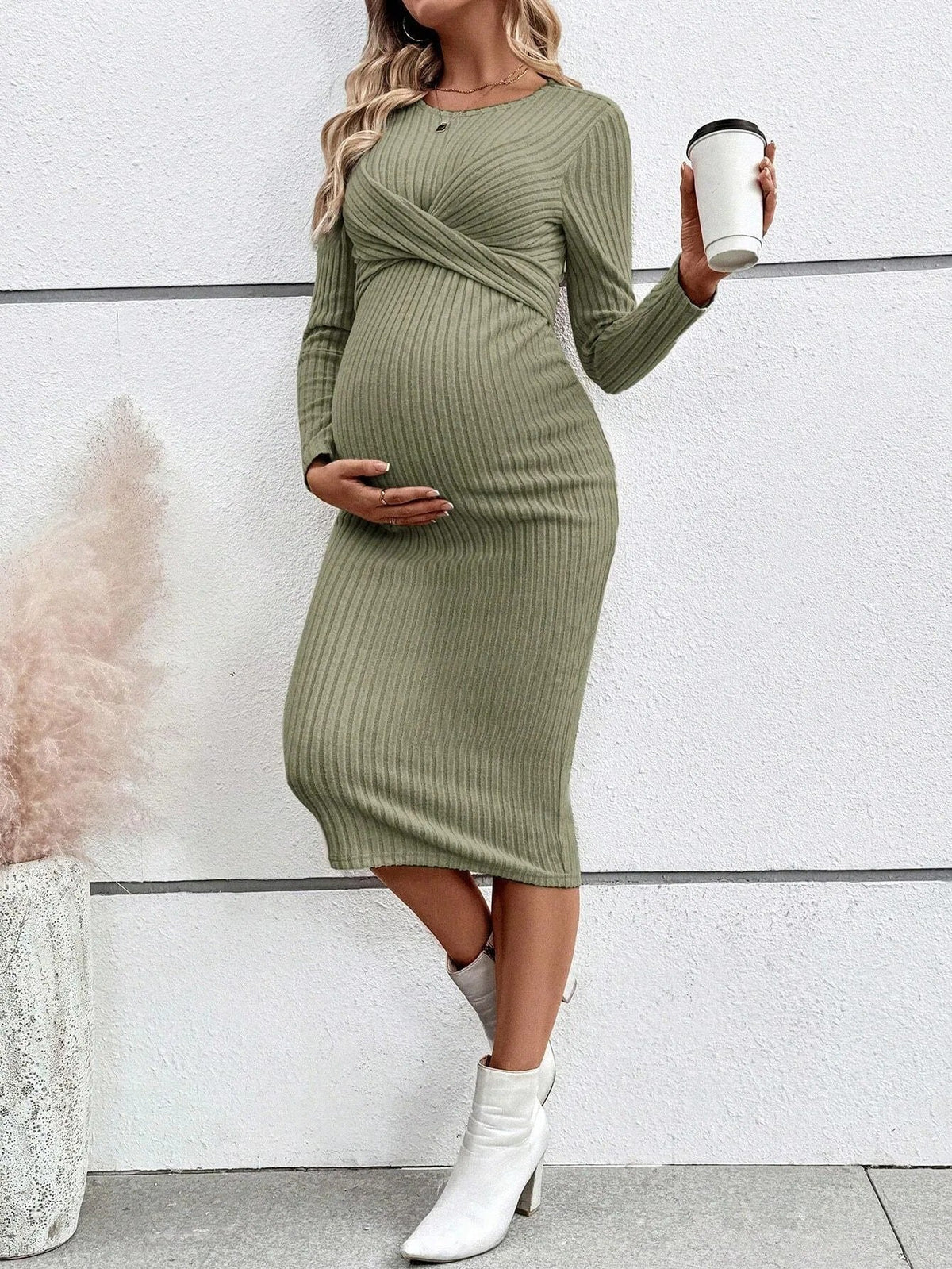 Ribbed Maternity Dress with Tie Details – image 20
