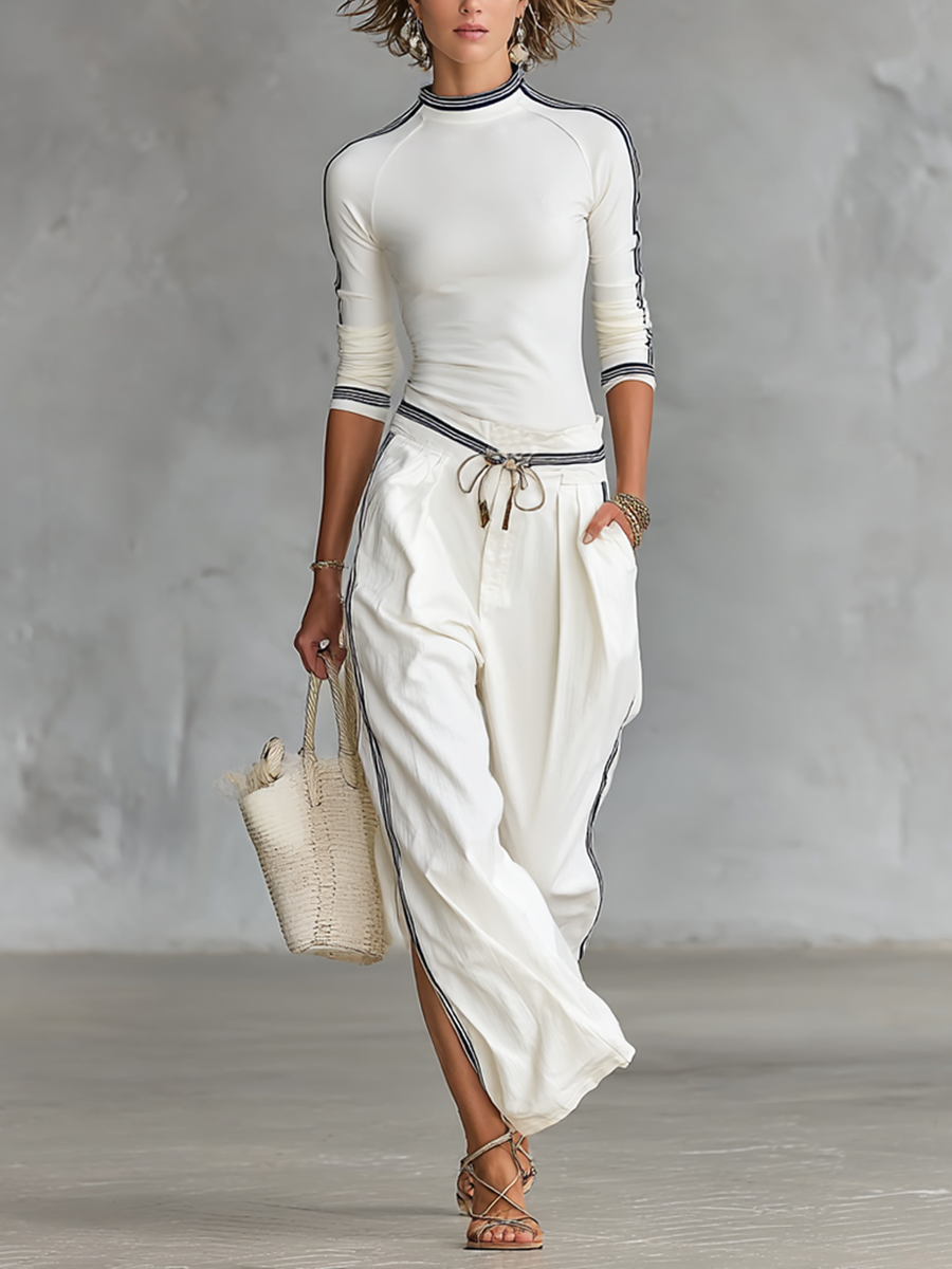 Women's Two-Piece Set: Long-Sleeve Sports T-Shirt with Mock Neck and Wide-Leg Drawstring trousers – image 1