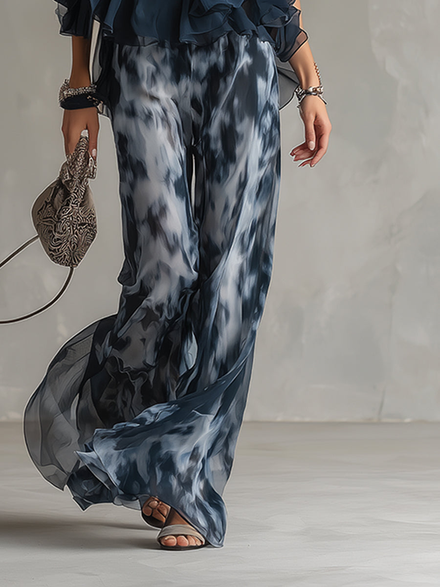 Ludovica – Elegant chiffon set with high-neck top and wide-leg printed trousers – image 6