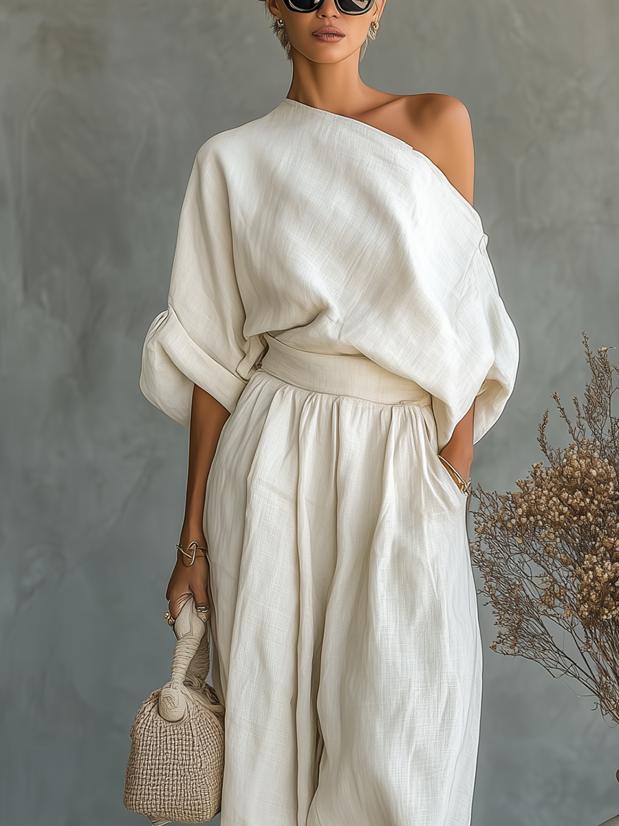 Women's Off-White Linen Set with Off-Shoulder Top and Tapered trousers – image 3