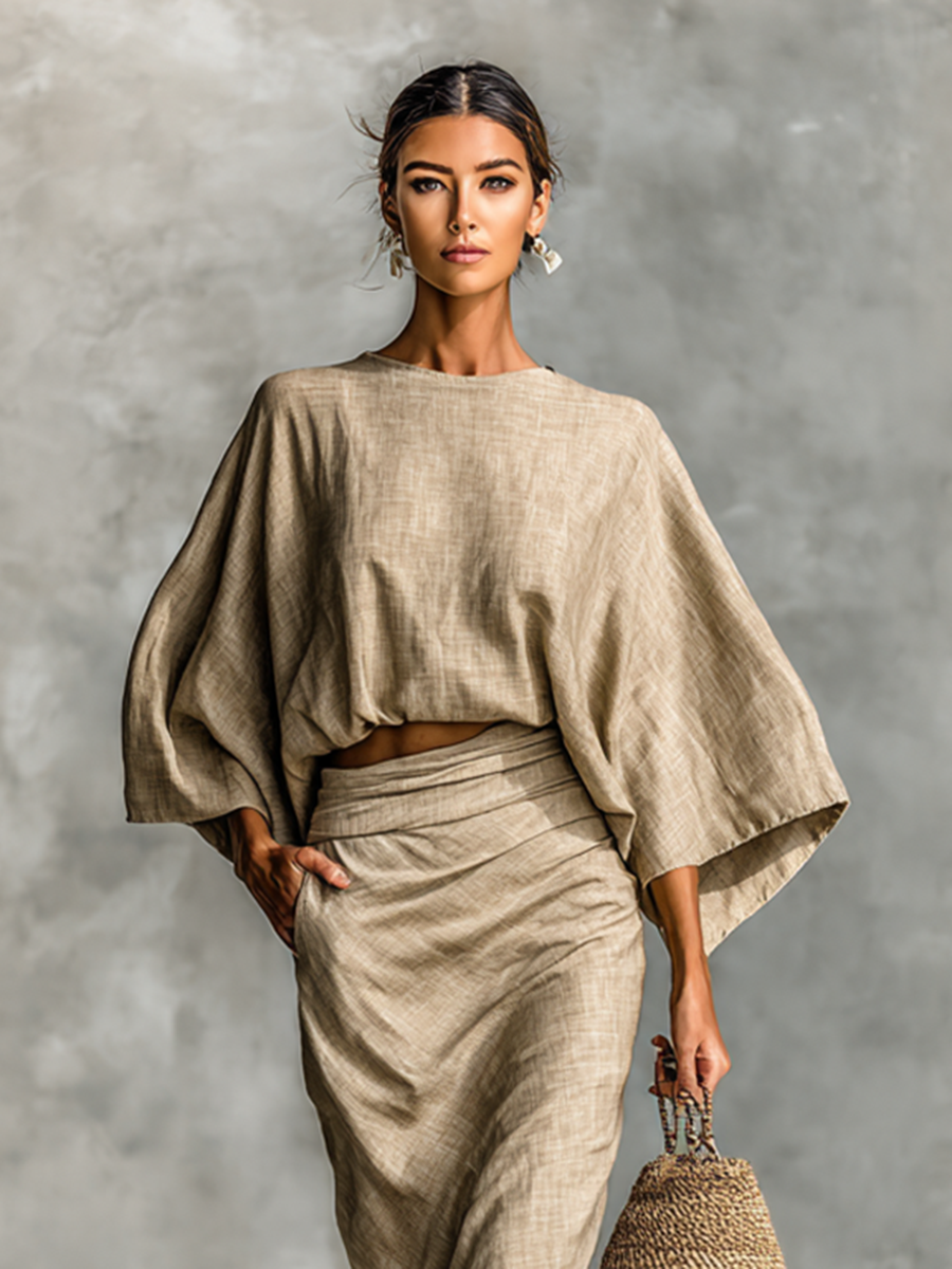 Two-Piece Cotton-Linen Blend Maxi Skirt Set with Batwing Sleeves – image 2