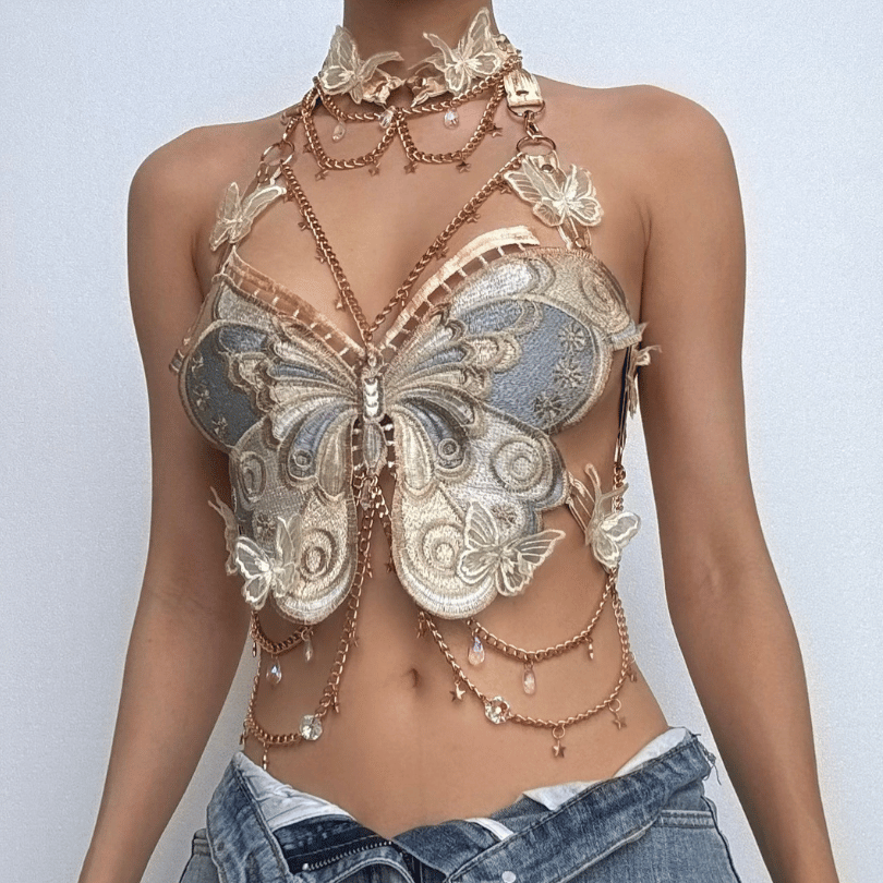 Butterfly embroidery metal chain halter top with choker – image 2
