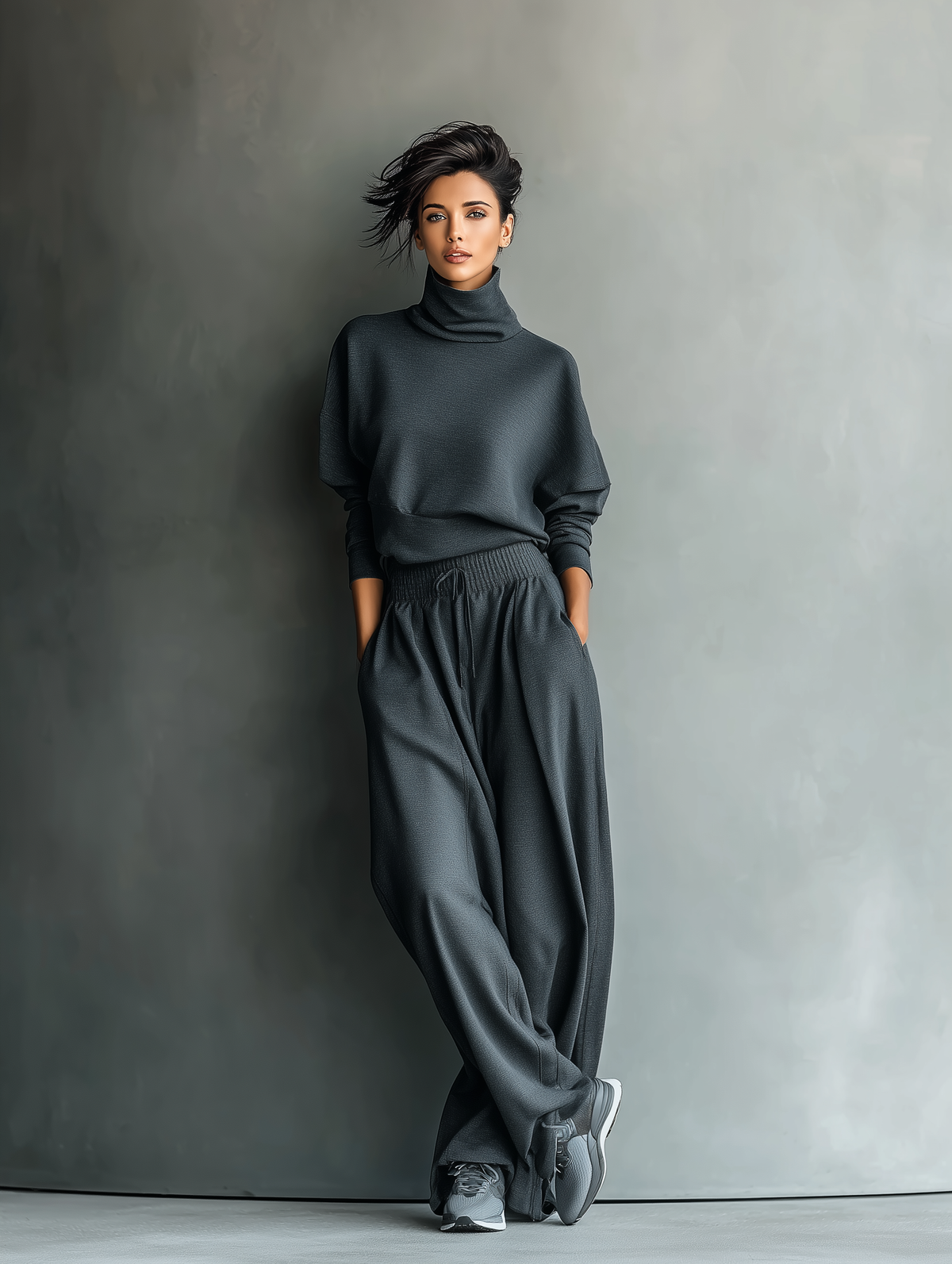 Women's Charcoal Knit Set with High Neck Top and Wide-Leg trousers – image 2