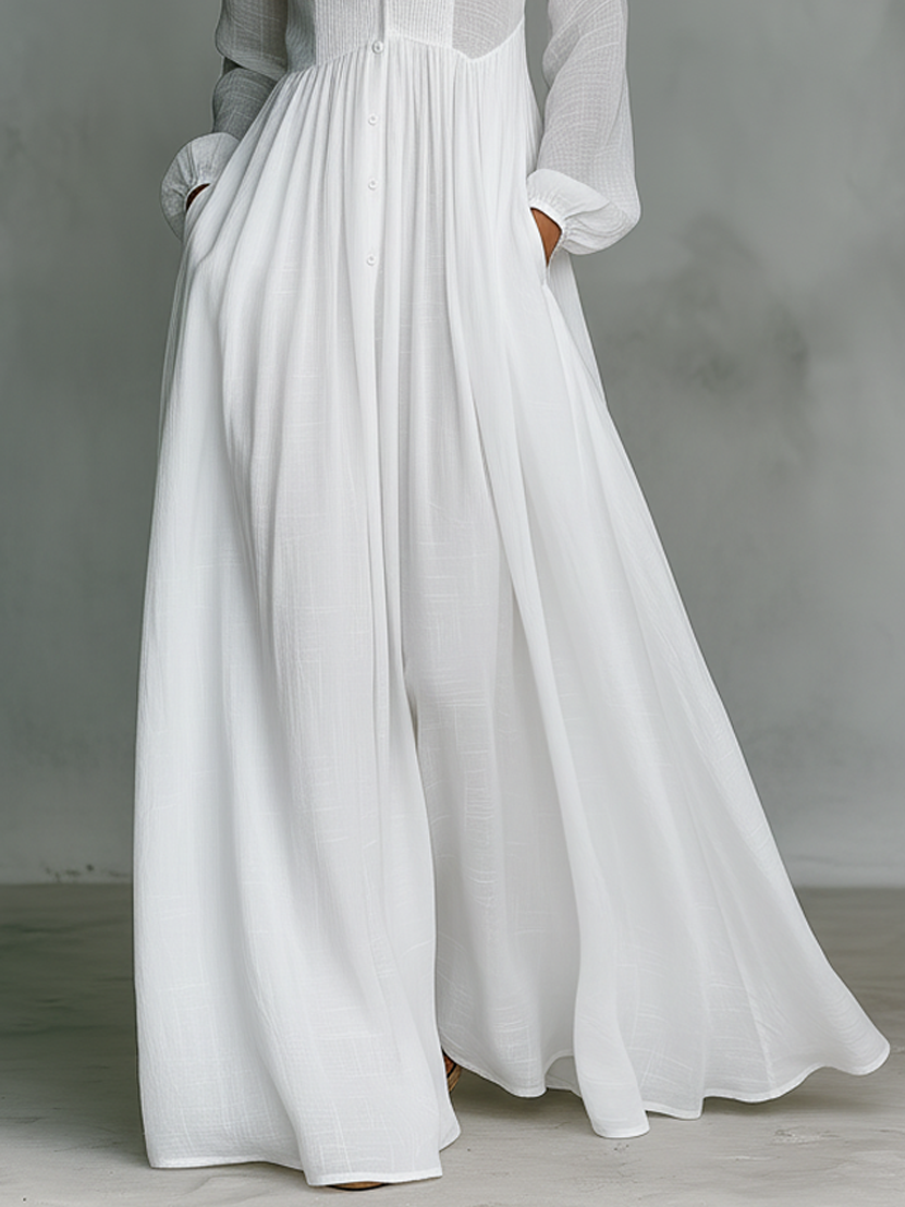 Maxi Minimalist Dress in Cotton & Linen with Patchwork, High Collar and Long Sleeves – image 3