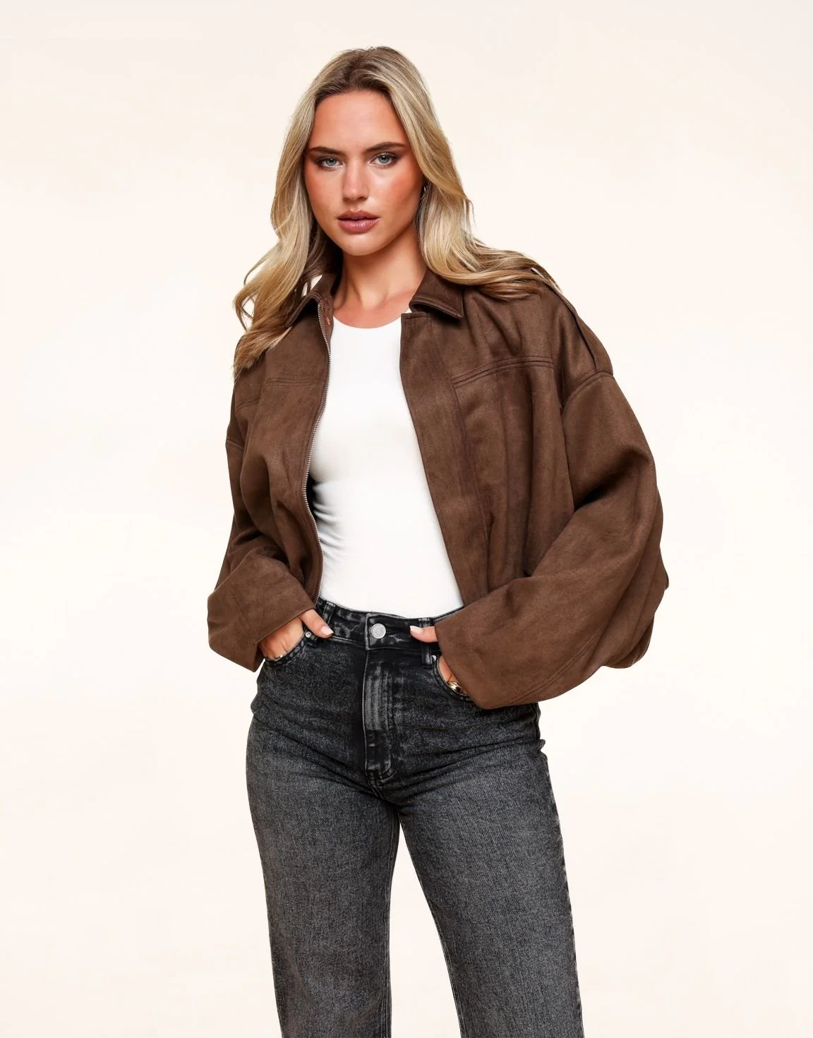 Dark Brown Suede Bomber Jacket – image 1