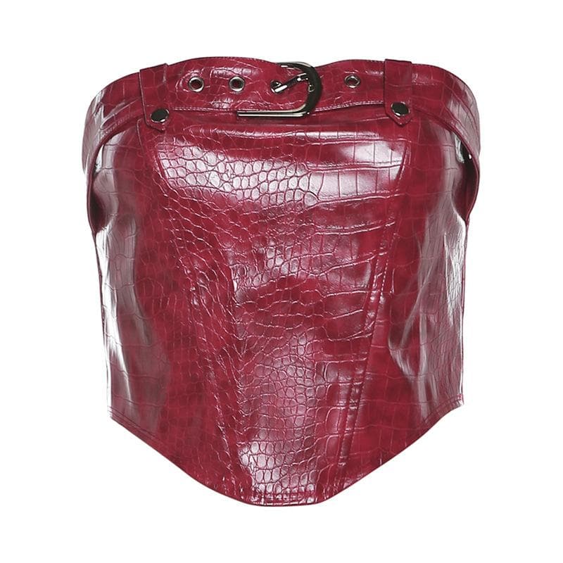 PU leather buckle backless zip-up crop tube top – image 2