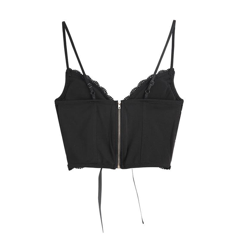 V neck heart neck solid lace up zip-up lace hem cami top – image 8