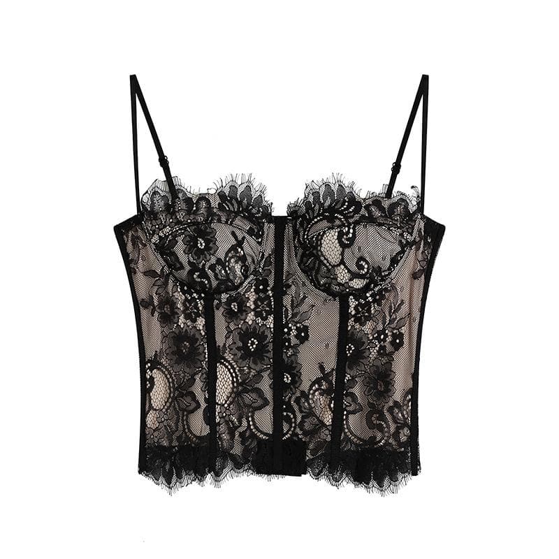 Padded contrast eyelash lace hem button cami top – image 1