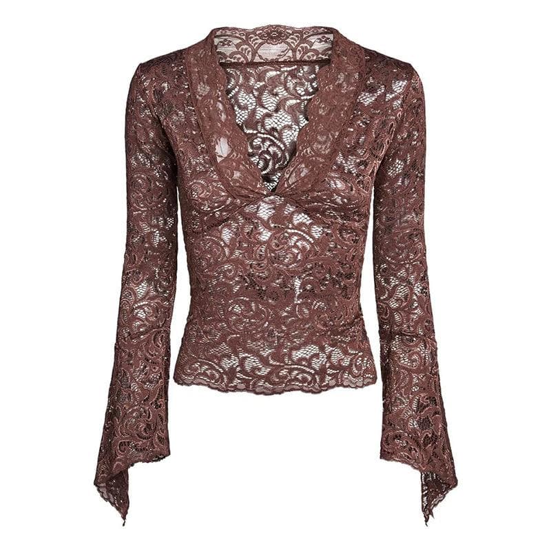 Flared sleeve v neck lace see through solid top – image 11