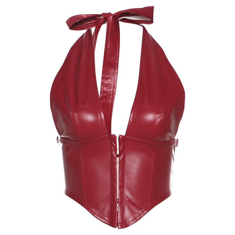 Halter PU leather V neck corset button top – image 2