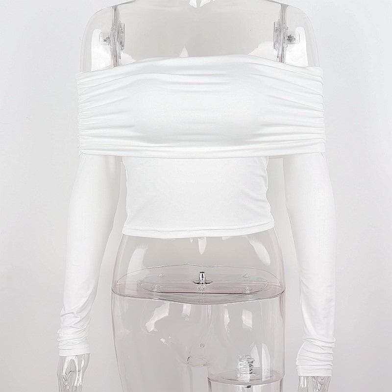 Ruched off shoulder long sleeve backless solid crop top – image 3