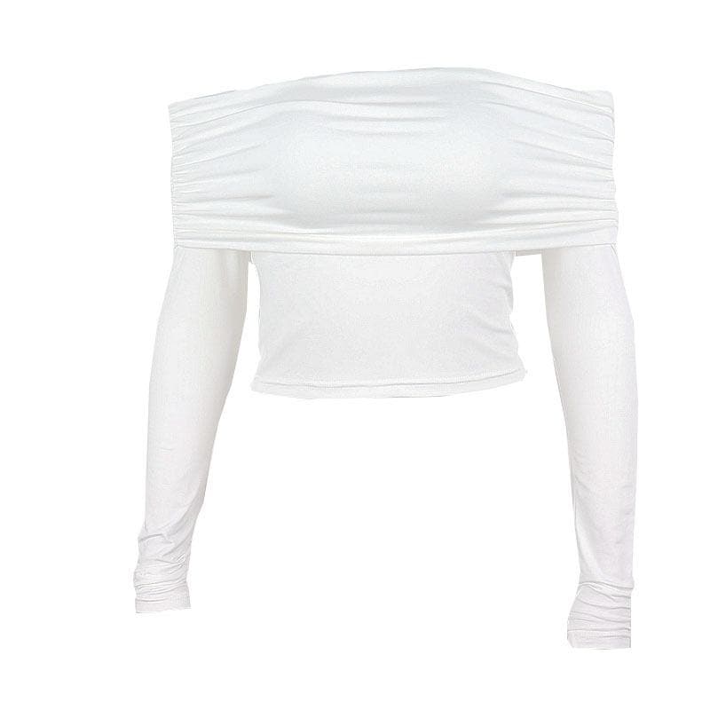 Ruched off shoulder long sleeve backless solid crop top – image 2