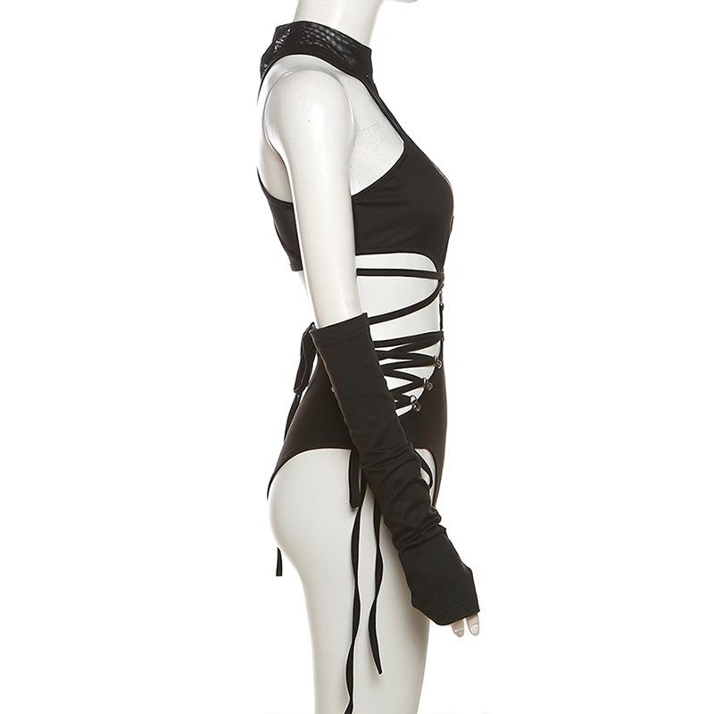 High neck o ring hollow out lace up gloves bodysuit – image 12