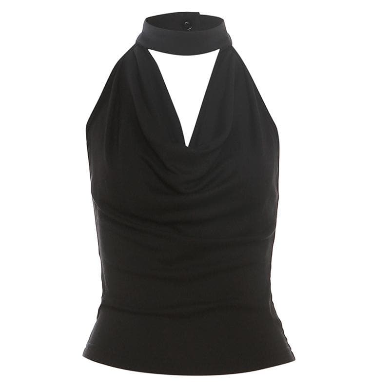 Cowl neck halter solid backless button sleeveless top – image 4