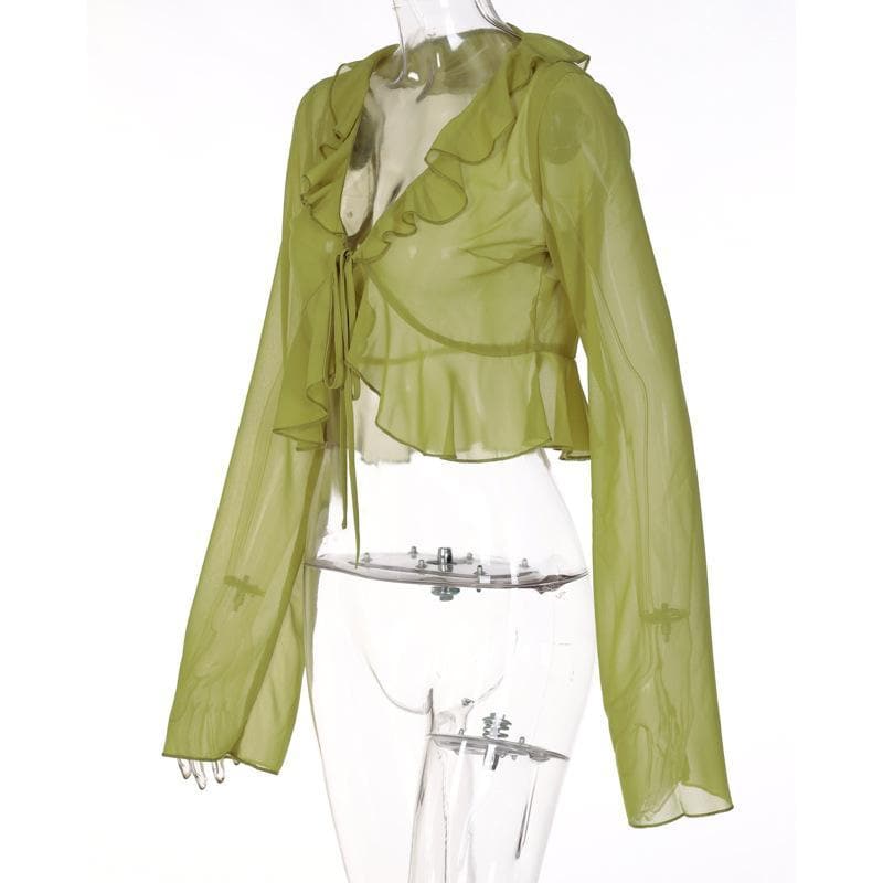 Chiffon see through ruffled long sleeve top – image 3
