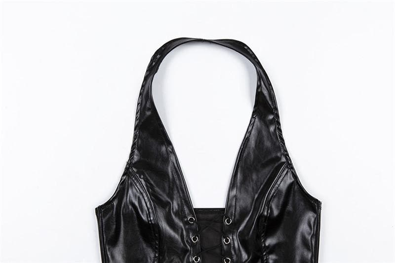 Lace up front halter backless PU leather top – image 7