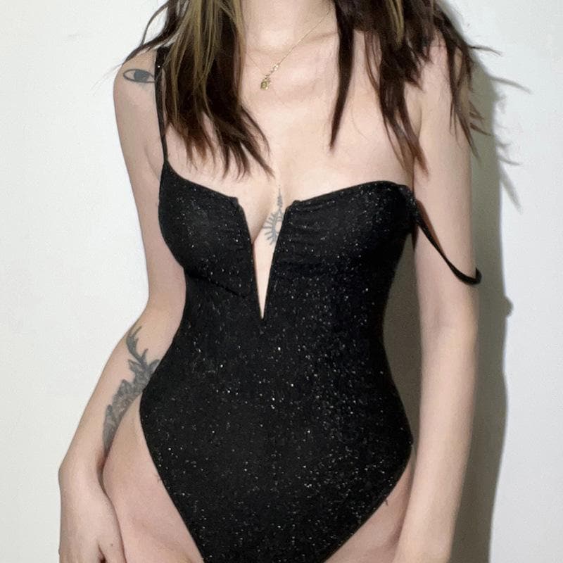 Deep v neck glitter cami bodysuit – image 4