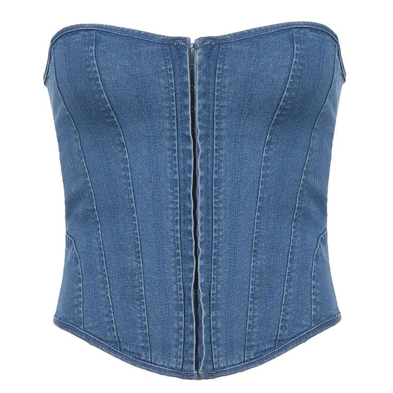 Denim lace up back heart neck tube top – image 2
