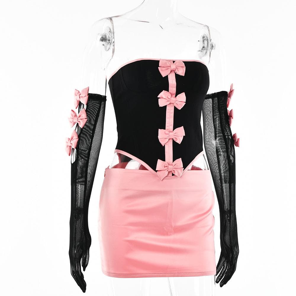 Mesh contrast bowknot gloves lace up tube backless mini skirt set – image 4