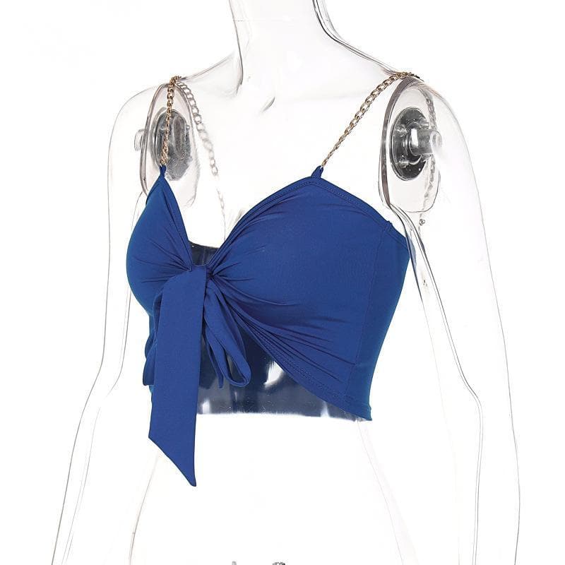 Metal chain knotted ruched solid crop top – image 6